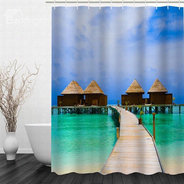 3d Wooden Path And Cabin Pattern Polyester Waterproof Antibacterial And Eco-friendly Shower Curtain