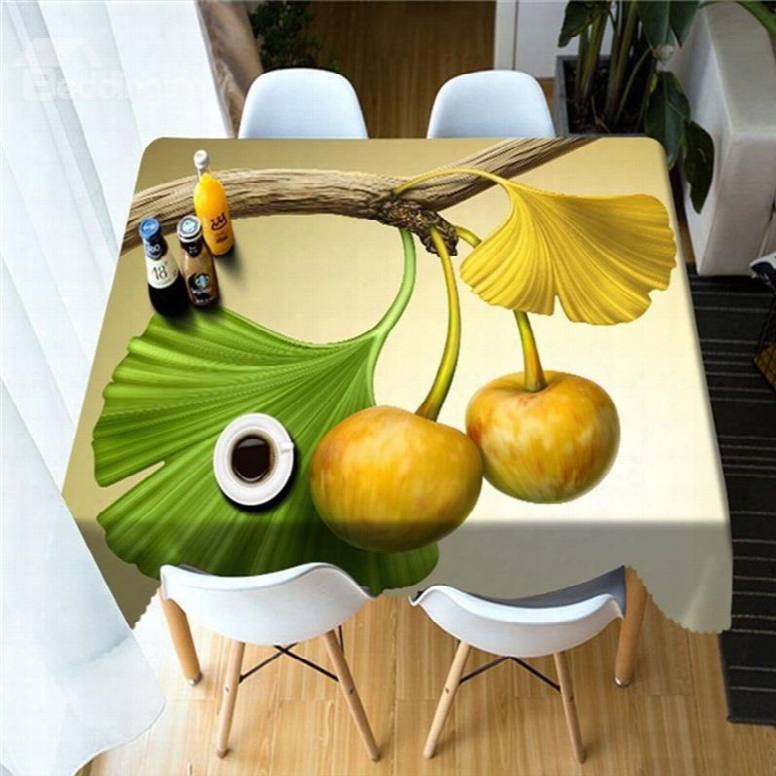 3d Yellow Ginkgo Leaves And Fruits Printed Thick Polyester Durable Table Cover Cloth