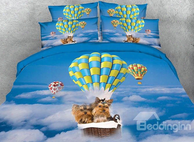 3d Yorkshire Terrier Flying In Sky With Hot Air Balloon Printed 5-piece Comforter Sets