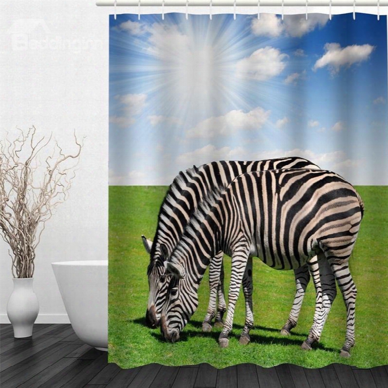 3d Zebras On Green Lawn Polyester Waterproof Antibacterial And Eco-friendly Shower Curtain