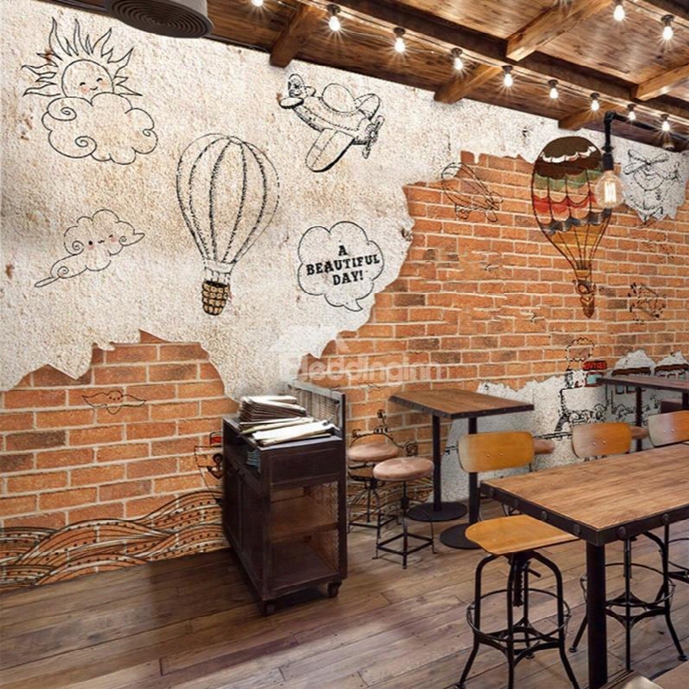 A Beautiful Day Hot-air Balloon And Red Brick Pattern Decorative 3d Wall Murals