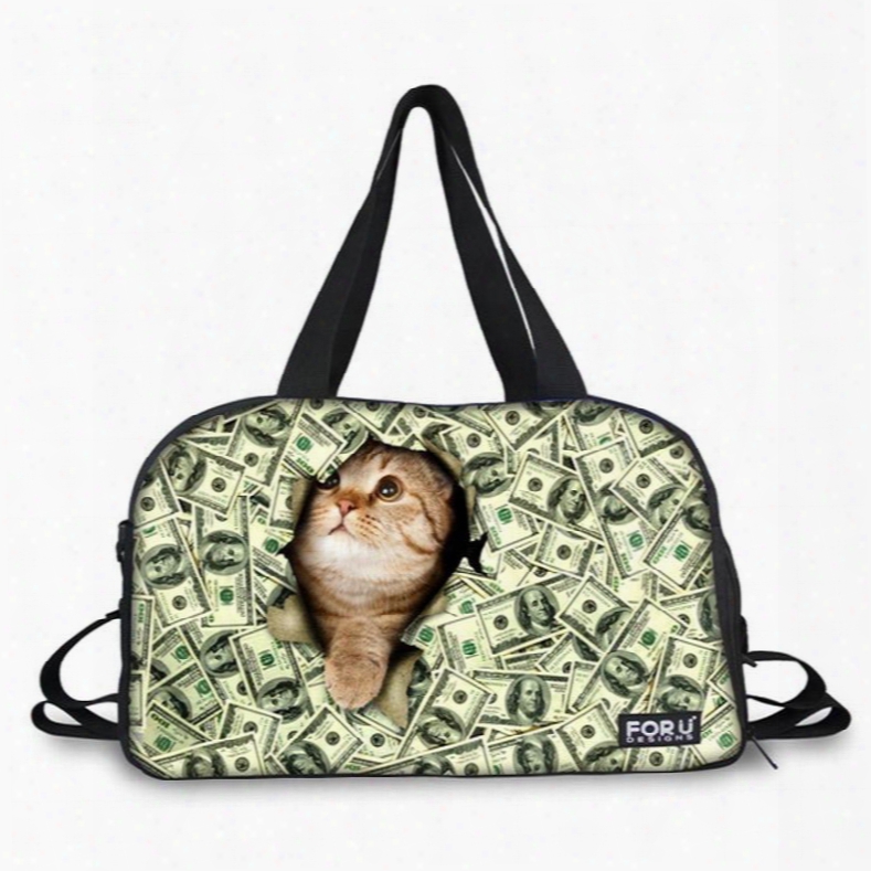 Adorable Cat With Dollars Pattern 3d Painted Rtavel Bag
