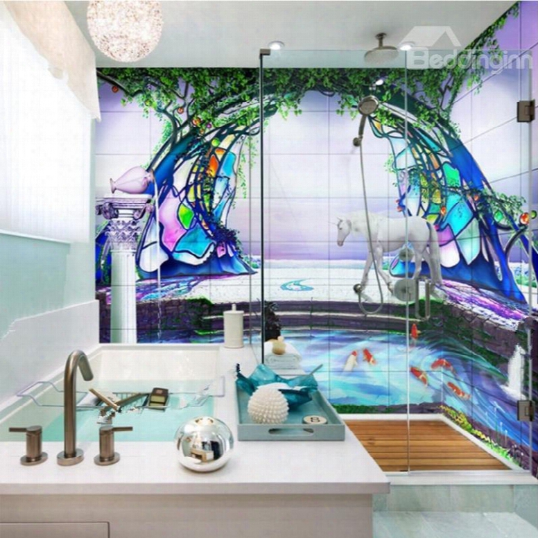Amazing Goldfish And Horse Pond Scenery Waterproof 3d Bathroom Wall Murals