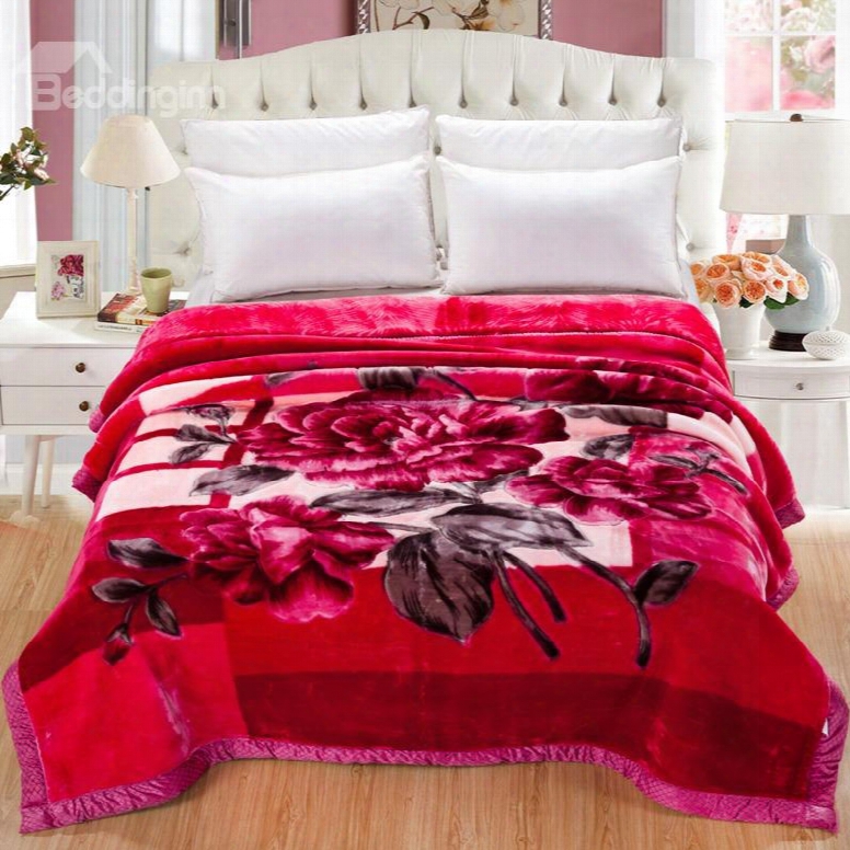 Artful Peonies Blooming And Leaves Printed Super Soft Flannel Thick Bed Blankets