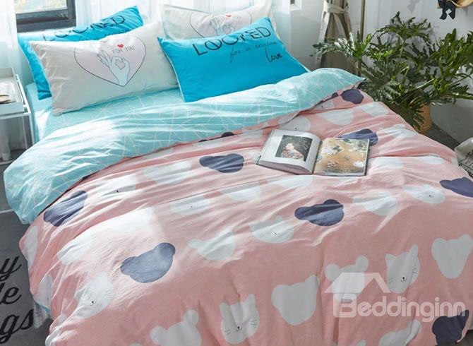 Bears Printed Cotton Light Pink Kids Duvet Covers/bedding Sets