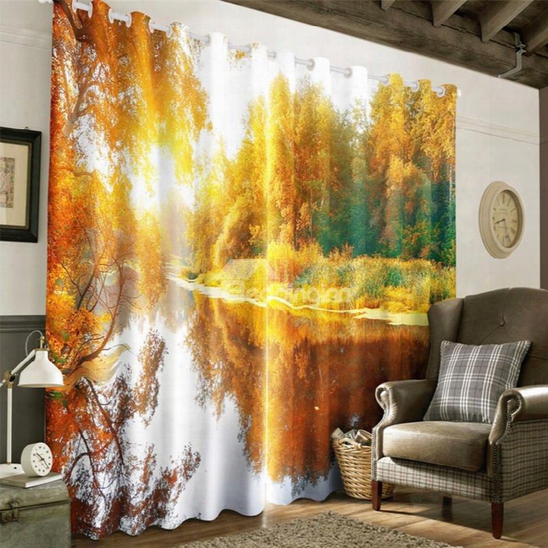Beautiful Autumn Scenery Yellow Trees And Limpid River Printed 2 Panels Drapes