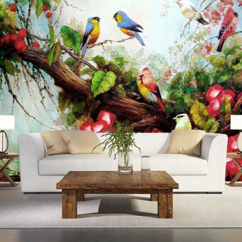 Birds On Tree And Flowers Pattern Pvc Waterproof And Durable 3d Wall Murals