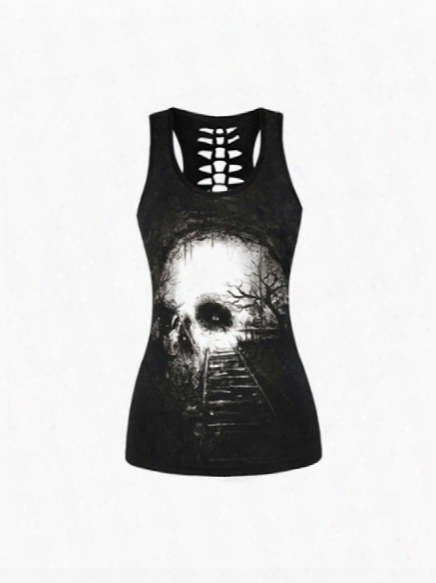 Black Skull Head Printing Casual Round Neck Female 3d Tops