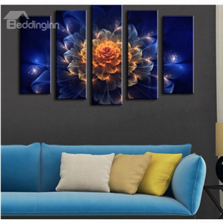 Blue Background With Blooming Flower Printed Hanging 5-piece Canvas Eco-friendly Waterproof Non-framed Prints