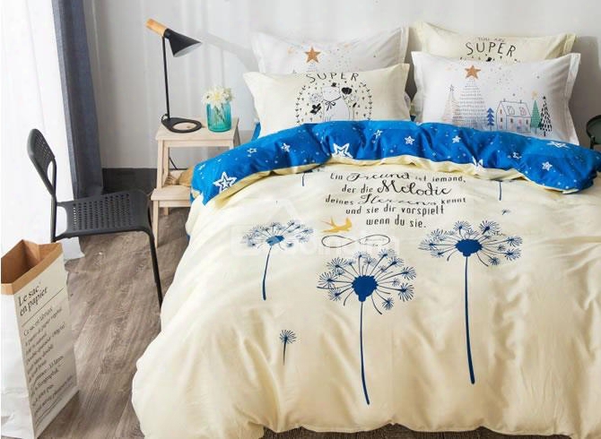 Blue Dandelions Printed Cotton Beige Kids Duvet Covers/bedding Sets