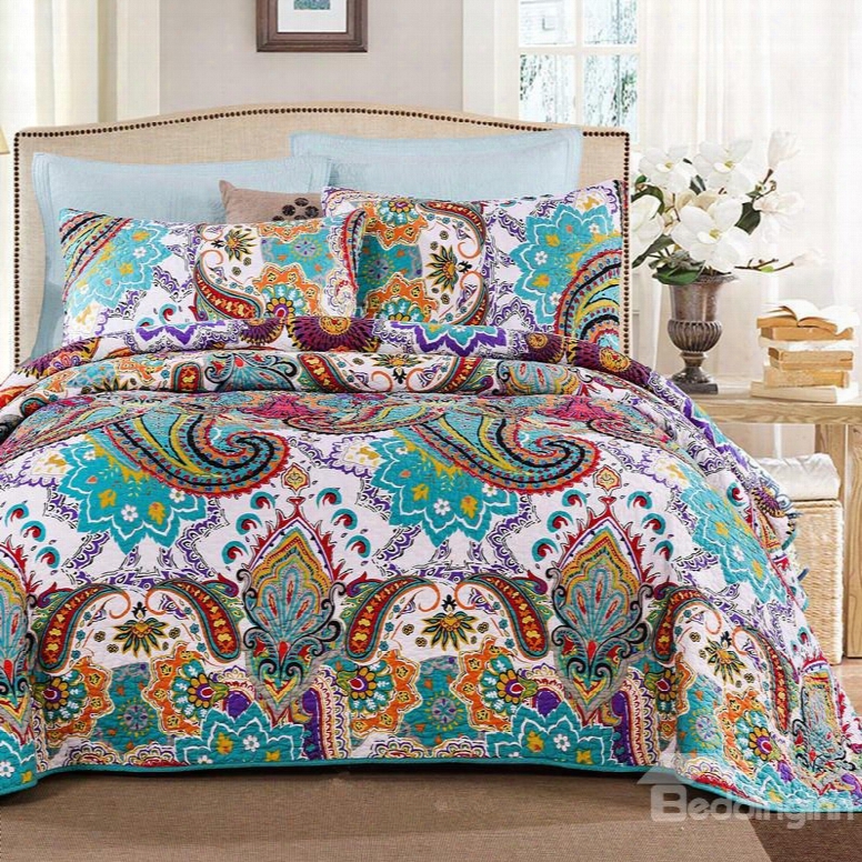 Blue Paisley Print Bohemian Style Patchwork Cotton Queen Size 3-piece Bed In A Bag