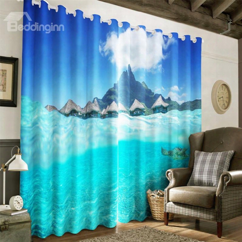 Blue Sky With White Clouds And Limpid Seawater Printing Decorative And Heat Insulation Curtain