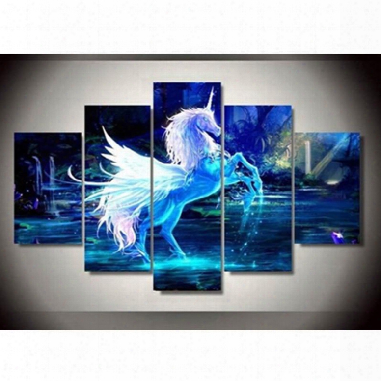 Blue Unicorn Printed Hanging 5-piece Canvas Eco-friendly And Waterproof Non-framedd Prints