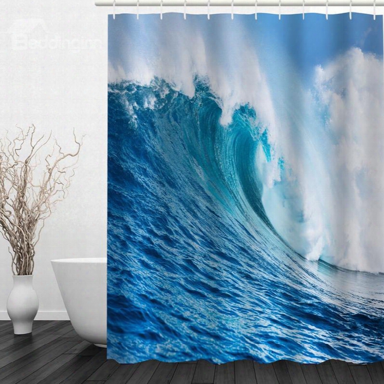 Blue Waves 3d Printed Bathroom Waterproof Shower Curtain