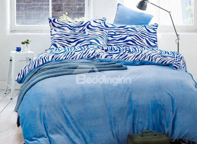 Blue Zebra Pattern Reversible Solid Color Block Flannel 4-piece Bedding Sets/duvet Cover