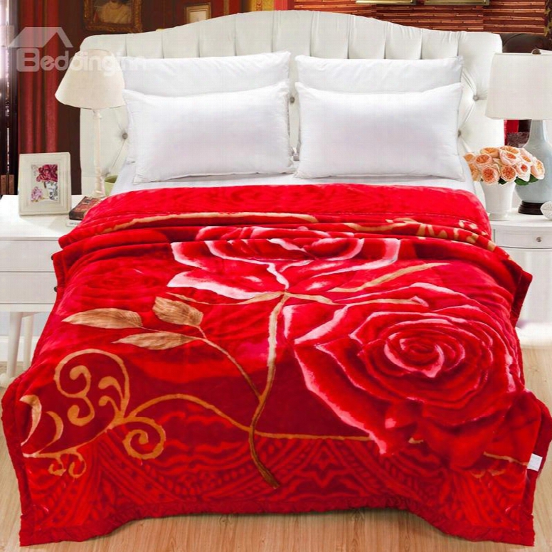 Bright Red Rose Printed Super Soft Flannel Fleece Bed Blanket