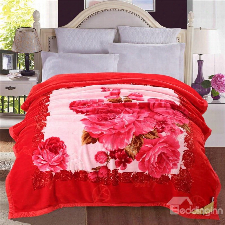 Bright Red Roses Blooming Printed Plush Flannel Ffleece Bed Blanket