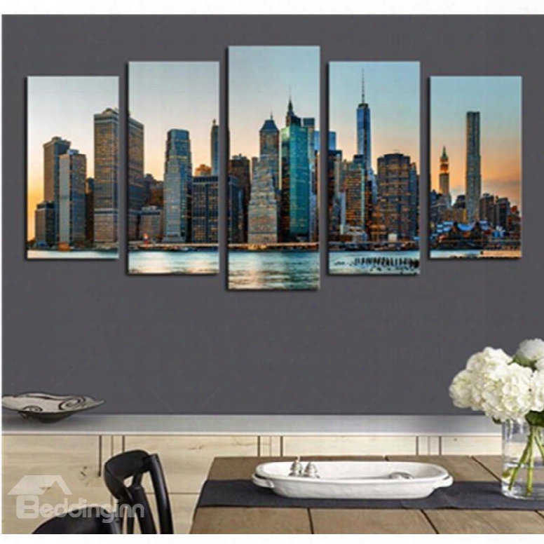 Buildings Beside Lake Hanging 5-piece Canvas Eco-friendly And Waterproof Non-framed Prints