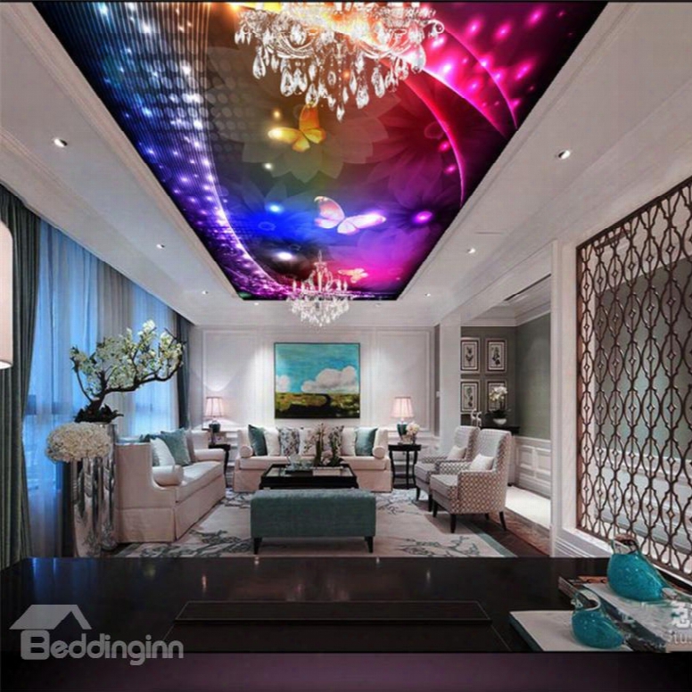 Butetrflies And Flowers In Colorful Lighting Waterproof Durable And Eco-friendly 3d Ceiling Murals