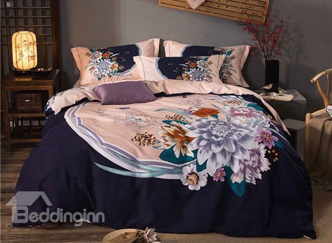 Butterflies Flying And Flowers Blooming Brushed Cotton 4-piece Bedding Sets/duvet Cover