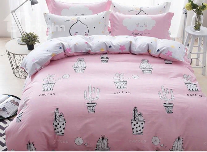 Cactus Printed Cotton Pink Kids Duvet Covers/bedding Sets