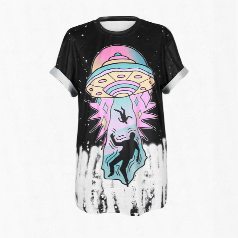 Casual Style Ufo Printed Blck D3 T-shirts