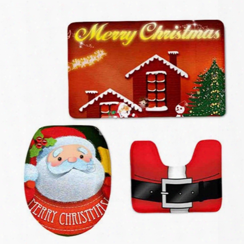 Christmas Father Pattern Flannel Pvc Soft Water-absorption And Anti-slid Toilet Seat Covers