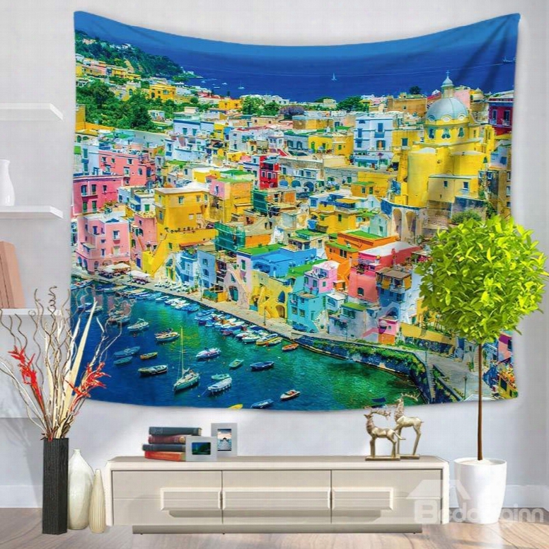 Coastal Citys Hips And Colorful Buildings Decorative Hanging Wall Tapestry