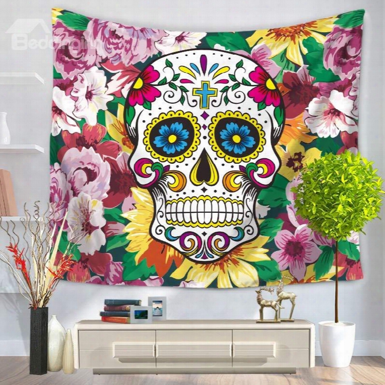 Colorful Skull Surrounded By Puurple Flowers Decorative Hanging Wall Tapestry
