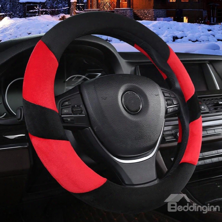 Concise Designed Dual Colored Stripe Soft Short Plush Car Steering Wheel Cover