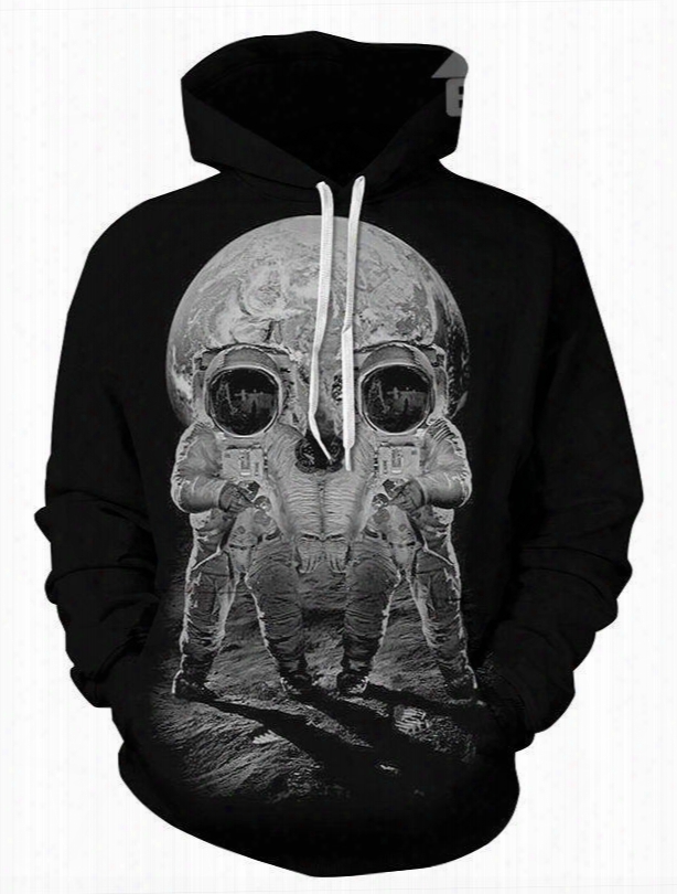 Conccise Long Sleeve Two Spacemen Pattern 3d Painted Hoodie