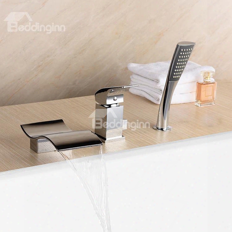 Contemporary Chrome Single Handle Three Holes Waterfall Bathtub Faucet