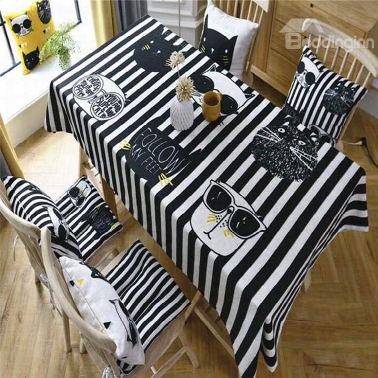 Cool Cats With Black And White Stripes Printing Cartoon Style Square Table Cloth