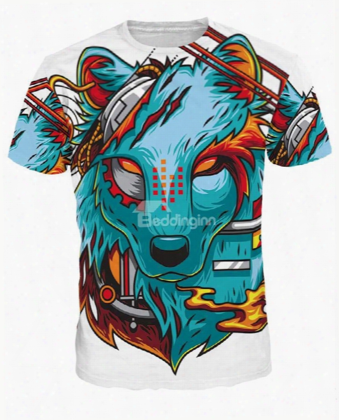Cool Round Neck Cartoon Wolf Face Pattern 3d Painted T-shirt