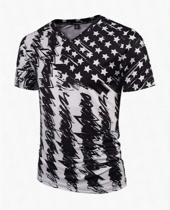 Cool V Neck Special Stripe And Stars Pattern 3d Painted T-shirt