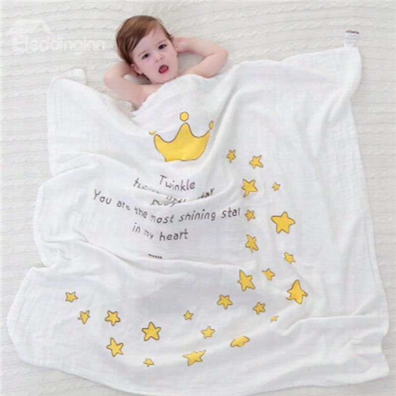 Crown And Stars Printed Cotton Nordic Style White Baby Blanket