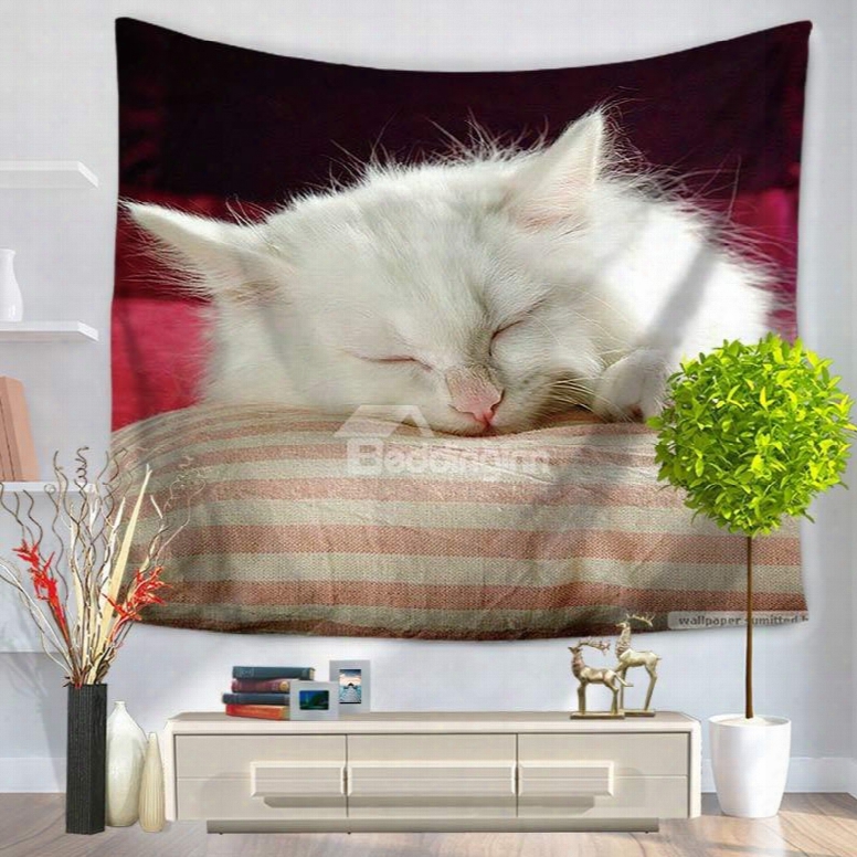 Cute White Persian Cat Sleeping On Pillows Decorative Hanging Wall Tapestry