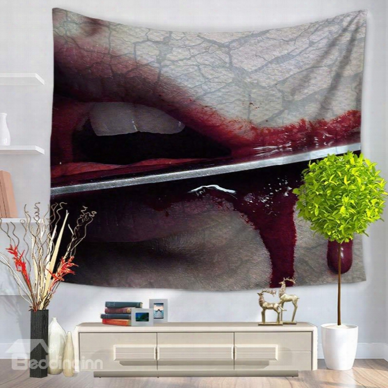 Cutting Lips With Knife Bleeding Horrible Pattern Decorative Hangig Wall Tapestry