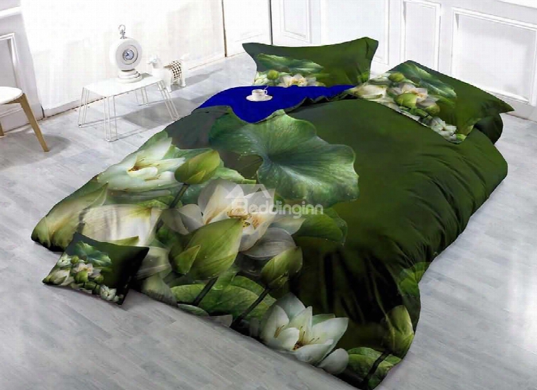 Dark Green Water Lily Cotton Luxury 3d Printed 4-pieces Bedding Sets