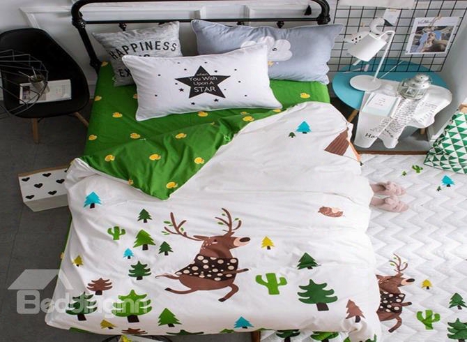 Deer Printed Cotton 3-piece White Duvet Covers/bedding Sets