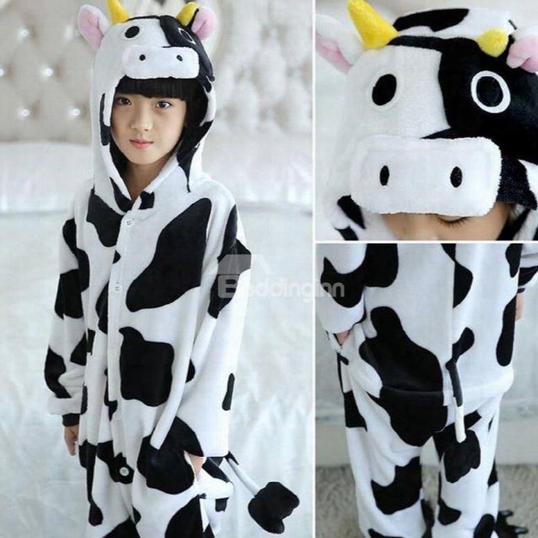 Diary Cow Shaped Flannel Black And White 1-piece Kids Pajama