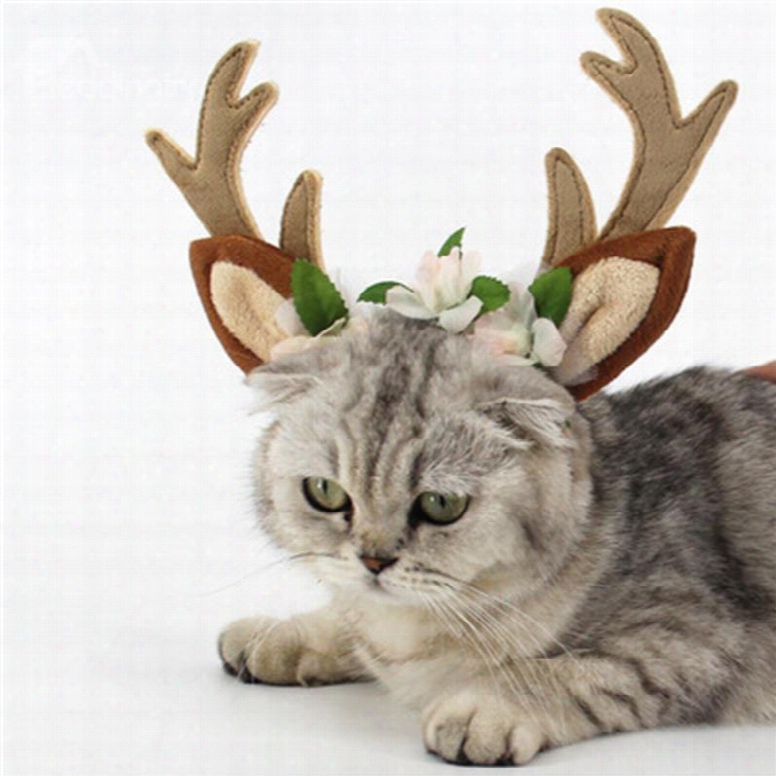 Dog Headband Costume With Flowers Holiday Christmas Reindeer Antlers Ears Wearable