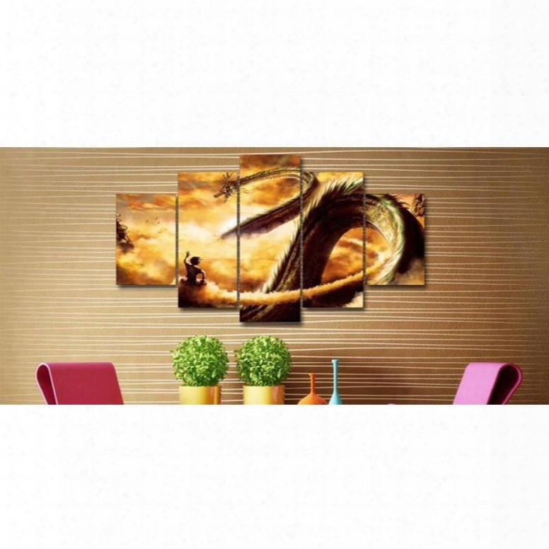 Dragon In Golden Clouds Printed Hanging 5-piece Canvas Eco-friendly And Waterproof Non-framed Rints