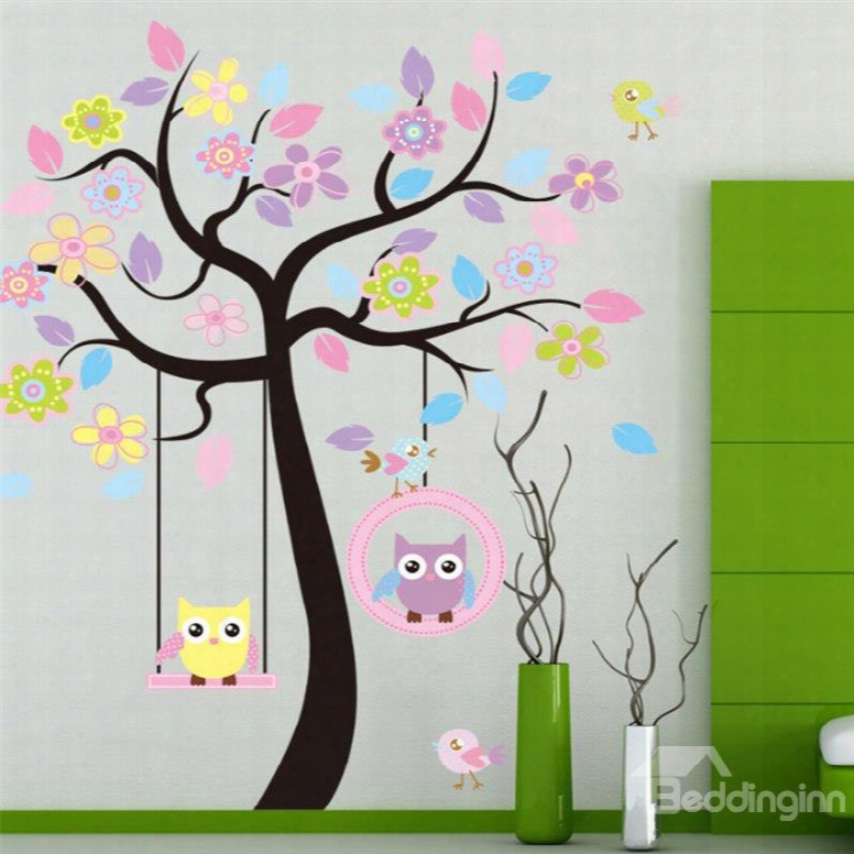 Durable Waterproof Colorful Tree And Owls Pvc Kids Room Wall Stickers