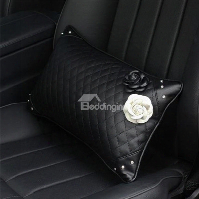 Endearing Practical Camellia Ornament High-grade Leather Car Waistrest Pillow