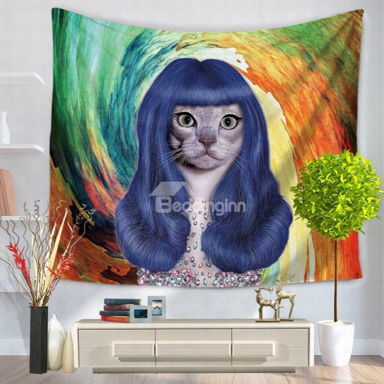 Famous Face Cat With Blue Wig Katy Perry Shape Decorative Hanging Wall Tapestry