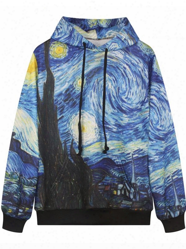 Fancy Long Sleeve Oil Painting Pattern Pocket 3d Painted Hoodie