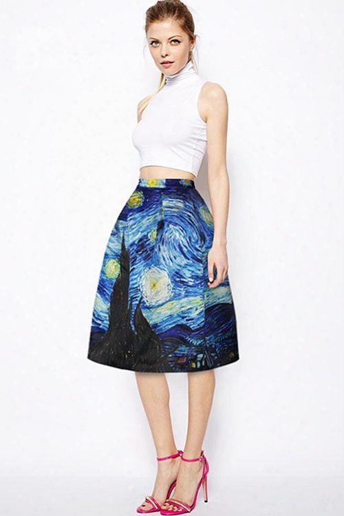 Fantastic Starry Night Of Van Gogh Pattern 3d Painted Midi Skirt