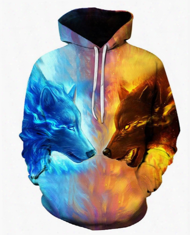 Fire Wolf Fight 3d Pattern Color Block Long Sleeve Cool Hoodies