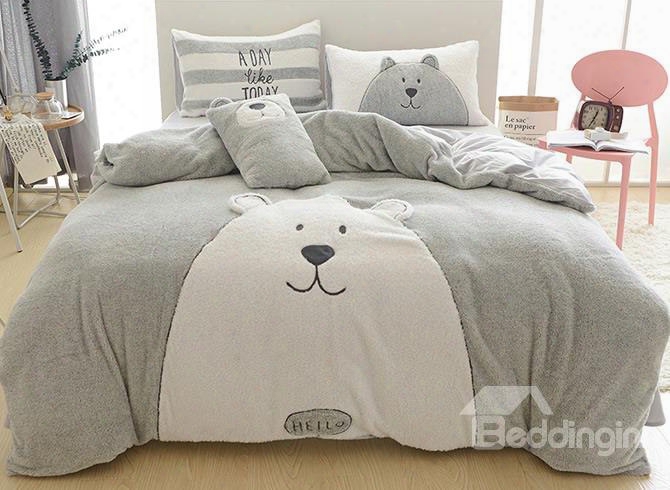 Full Size Cartoon Bear Pattern Grey Soft 4-piece Fluffy Bedding Sets/duvet Cover